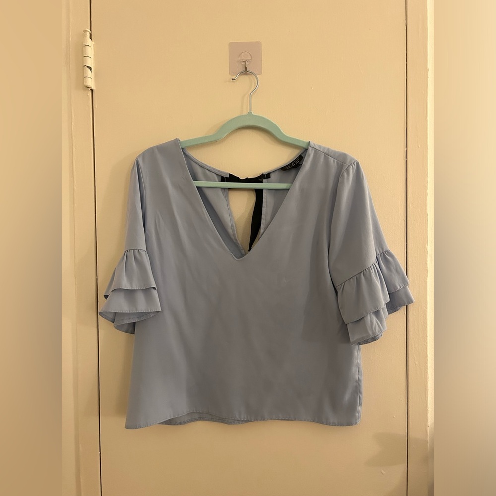 Topshop V Neck Back Tie Ruffle Sleeve Blouse